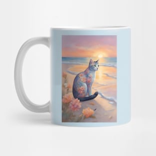 Floral Pastel Cat With Beach Sunset Mug